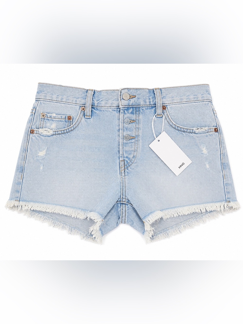 NWT MANGO LIGHT BLUE DEMIM MID WAIST SHORTS WITH FRAYED EDGES